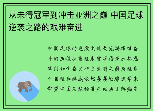 从未得冠军到冲击亚洲之巅 中国足球逆袭之路的艰难奋进